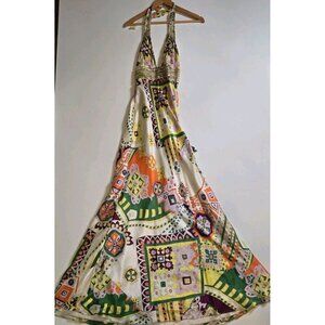 MARY L COUTURE Halter Print Dress Size 0 Yellow Green Beaded Multi Boho Chic EUC